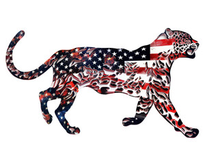 Leopard silhouette with American flag design embodying strength and patriotism, perfect for unique artistic and patriotic projects.
