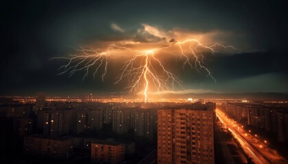 A powerful lightning bolt illuminates the night, striking down over a densely packed urban landscape, showcasing nature's raw energy against the backdrop of city lights.