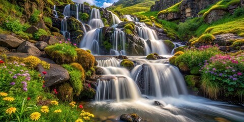 Obraz premium Refreshing spring waterfall cascading through mossy rocks surrounded by vibrant wildflowers, waterfall