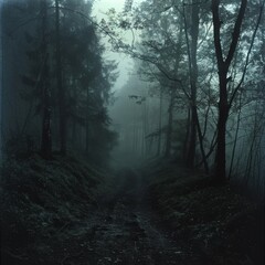 Obraz premium Dark, misty forest, full of spooky atmosphere, Halloween, night forest horror atmosphere, nature, outdoors, perfect for gothic and mysterious environments. , HD wallpapers, , backgrounds, generated by
