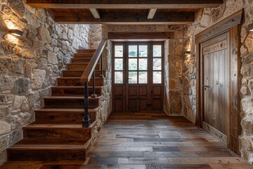 Wooden staircase and stone cladding wall in rustic hallway. Cozy home interior design of modern entrance hall with door. Generative AI