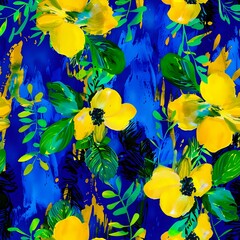 Detailed Hand-Painted Yellow Flower and Green Leaf Pattern on Blue Background