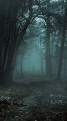 Obraz premium Dark, misty forest, full of spooky atmosphere, Halloween, night forest horror atmosphere, nature, outdoors, perfect for gothic and mysterious environments. , HD wallpapers, , backgrounds, generated by
