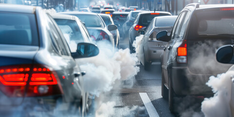 Lots of cars in a traffic jam with climate-changing emissions coming from the exhausts