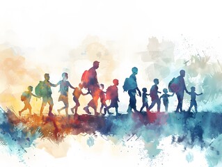 A group of people, including children, walking in silhouette with backpacks, painted in a watercolor style.  The colors evoke hope and resilience.