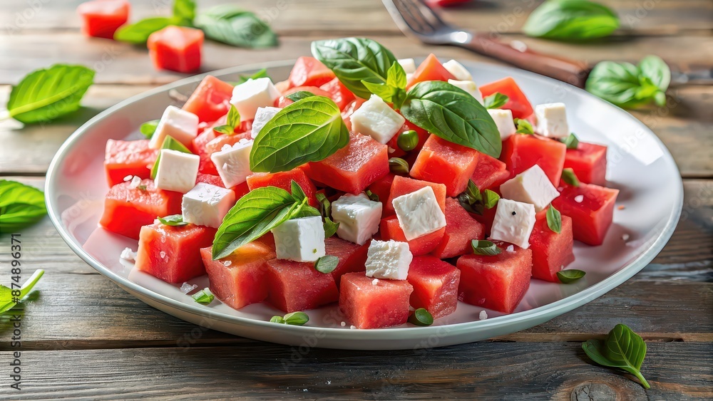 Canvas Prints Refreshing summer salad with juicy watermelon cubes, fresh basil leaves, and crumbled feta cheese on a white plate