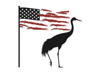Silhouette of a crane with an American flag showing patriotic theme and nature combined in this unique graphic design.