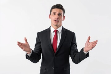 Hotel manager presenting at a staff meeting, wearing a suit and tie, looking authoritative and confident, Portrait half-body, hyper-realistic, high detail, photorealistic, white background, studio