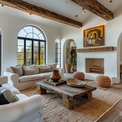 Rustic coffee table between sofa and chairs against fireplace and arched windows. Mediterranean modern cottage style home interior design of modern living room, Generative AI