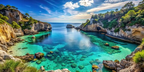 Fototapeta premium Majestic cove surrounded by cliffs and crystal clear waters, coastline, rocks, cliffs, clear water, tranquil, secluded