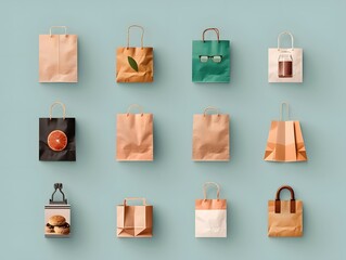 Assortment of paper bags in different colors and designs on a blue background.