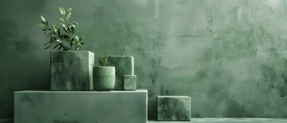 Green plant in a pot on a shelf with textured green wall background.