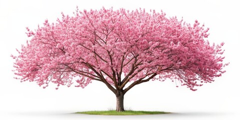 Fototapeta premium Pink cherry tree with vibrant blossoms isolated on white background, pink, cherry tree, isolated, white background