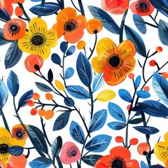 Contemporary vine flower pattern with abstract shapes, bright colors, and a clean white background for a fresh fabric design