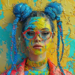 Double Exposure Portrait Of A Beautiful Young Woman With Colorful Splashes In Her Hair