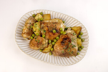Chicken Vesuvio is Pan-Seared and Baked Chicken, Potatoes and Peas. 