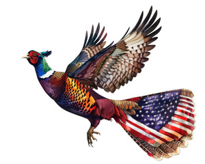 Vibrant pheasant with colorful feathers and an American flag wing pattern, symbolizing freedom and diversity.