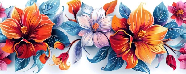 Obraz premium Artistic vine flowers with intricate petals and vibrant hues, winding gracefully on a bright white background, seamless pattern