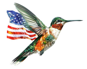 Obraz premium Vibrant illustration of a hummingbird with an American flag integrated into its wings, symbolizing freedom and nature. Patriotic artwork.
