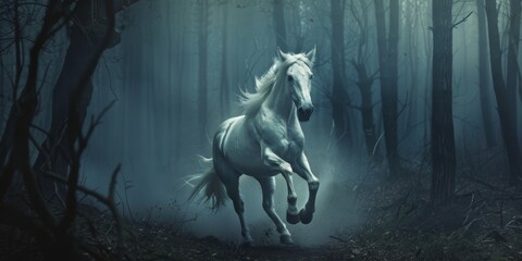 Fototapeta premium Dark, misty forest, full of spooky atmosphere, running white horse, Halloween, night forest horror atmosphere, nature, outdoors, perfect for gothic and mysterious environments. , HD wallpapers, , back