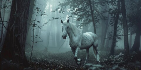 Fototapeta premium Dark, misty forest, full of spooky atmosphere, running white horse, Halloween, night forest horror atmosphere, nature, outdoors, perfect for gothic and mysterious environments. , HD wallpapers, , back