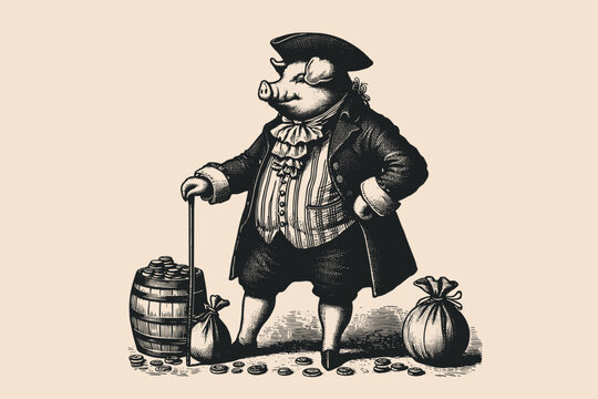Pig aristocrat in 17th-18th century clothes.   Vintage retro engraving illustration. Black icon, logo, label. isolated element.	