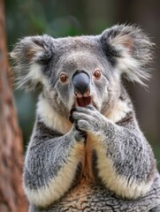 Fototapeta premium A very surprised and shocked koala with its mouth open and paws touching its head. Funny inspired animal