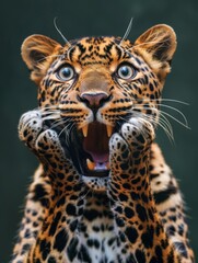 Fototapeta premium A very surprised and shocked leopard with its mouth open and paws touching its head. Funny inspired animal
