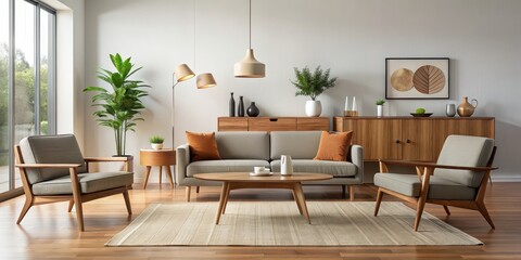 Mid-century modern furniture featuring clean lines, organic shapes, and minimalist design aesthetic, MCM