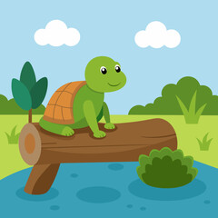 Peaceful Pond Setting Turtle Relaxing on Log Vector Graphic