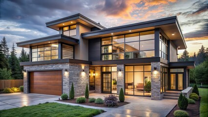 Obraz premium Modern house plan with open floor layout and large windows, modern, house, plan, open, floor, layout, large, windows