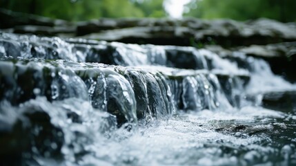 This image captures a calm, serene water cascade flowing over rocky terrain, creating a peaceful and natural atmosphere in the midst of a diverse and green landscape. - Powered by Adobe