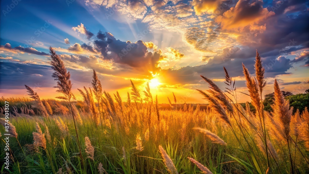 Canvas Prints Mesmerizing sunset scene with light filtering through tall grass, evoking a serene mood, sunset, tall grass, light, serene