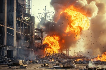 An industrial accident with a factory explosion, debris flying, and fire engulfing the site