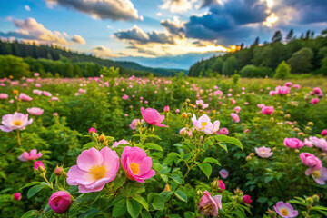 Obraz premium A meadow of wild roses in a secluded, peaceful area., generative ai