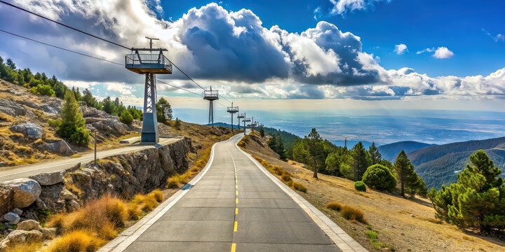 Road leading to sky lift on Bola del Mundo mountain in Navacerrada, Community of Madrid, Spain, mountain