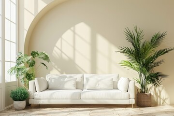 Fototapeta premium Minimalist home interior design of modern living room. White sofa and potted houseplants against arched window near beige wall with copy space, Generative AI