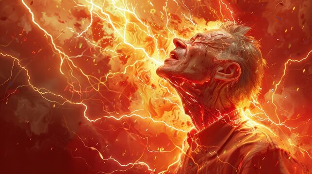 a man with his head up in the air and fire coming out of his mouth