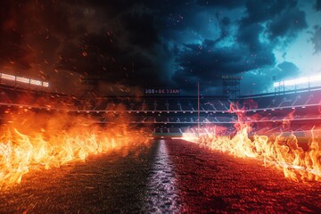 a baseball stadium, ultra realistic baseball bat hitting fire baseball causing explosion between bat and ball, isolated on black background