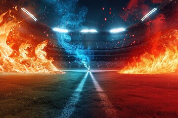 a baseball stadium, ultra realistic baseball bat hitting fire baseball causing explosion between bat and ball, isolated on black background