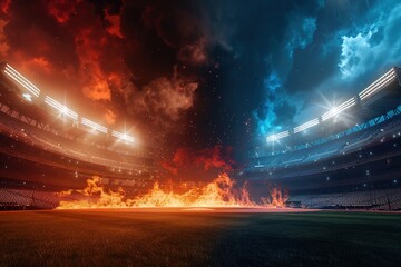 a baseball stadium, ultra realistic baseball bat hitting fire baseball causing explosion between bat and ball, isolated on black background