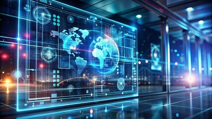 Futuristic minimalist background with sleek transparent virtual screen displaying digital information amidst blurred lights and dark shadows.