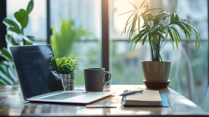 Modern Workspace with Laptop, Notebook, Pen, Coffee, and Potted Plant - Perfect Illustration of Productivity and Organization