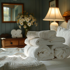 Stacked white towels on a hotel bed with sunlight streaming through the window. generated by AI
