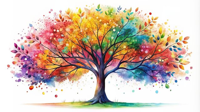 Vibrant multicolored leaves adorn whimsical watercolor fantasy tree standing tall on pure white background in stunning abstract nature design.