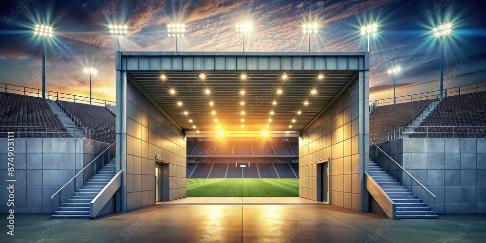 Sticker Soccer stadium entrance illuminated with bright lights, soccer, stadium, entrance, lights, sports, arena, night, event