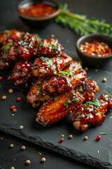 Marinated Chicken Wings on slate surface: Chicken wings on the grill, coated in a rich, colorful marinade, with herbs and spices. Placed on slate surface.
