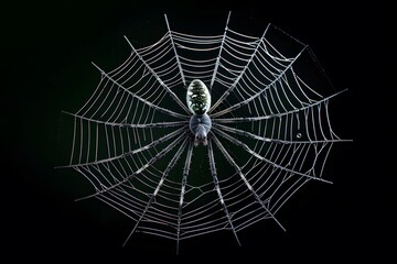 Obraz premium Close-up of a spider on a flawless web against black background, showcasing intricate patterns