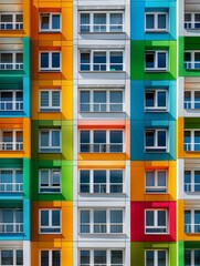 Fototapeta premium Building with a playful, colorful facade incorporating a grid-like pattern of windows within a modular design, showcasing a mix of vibrant colors which brings a cheerful modernity to urban landscae