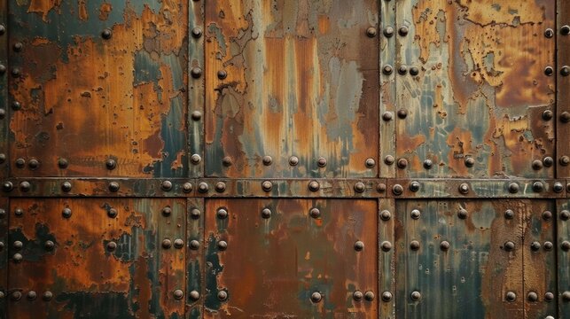 Close-up of a rusted metal surface with rivets, showcasing texture and the effects of aging and weathering.